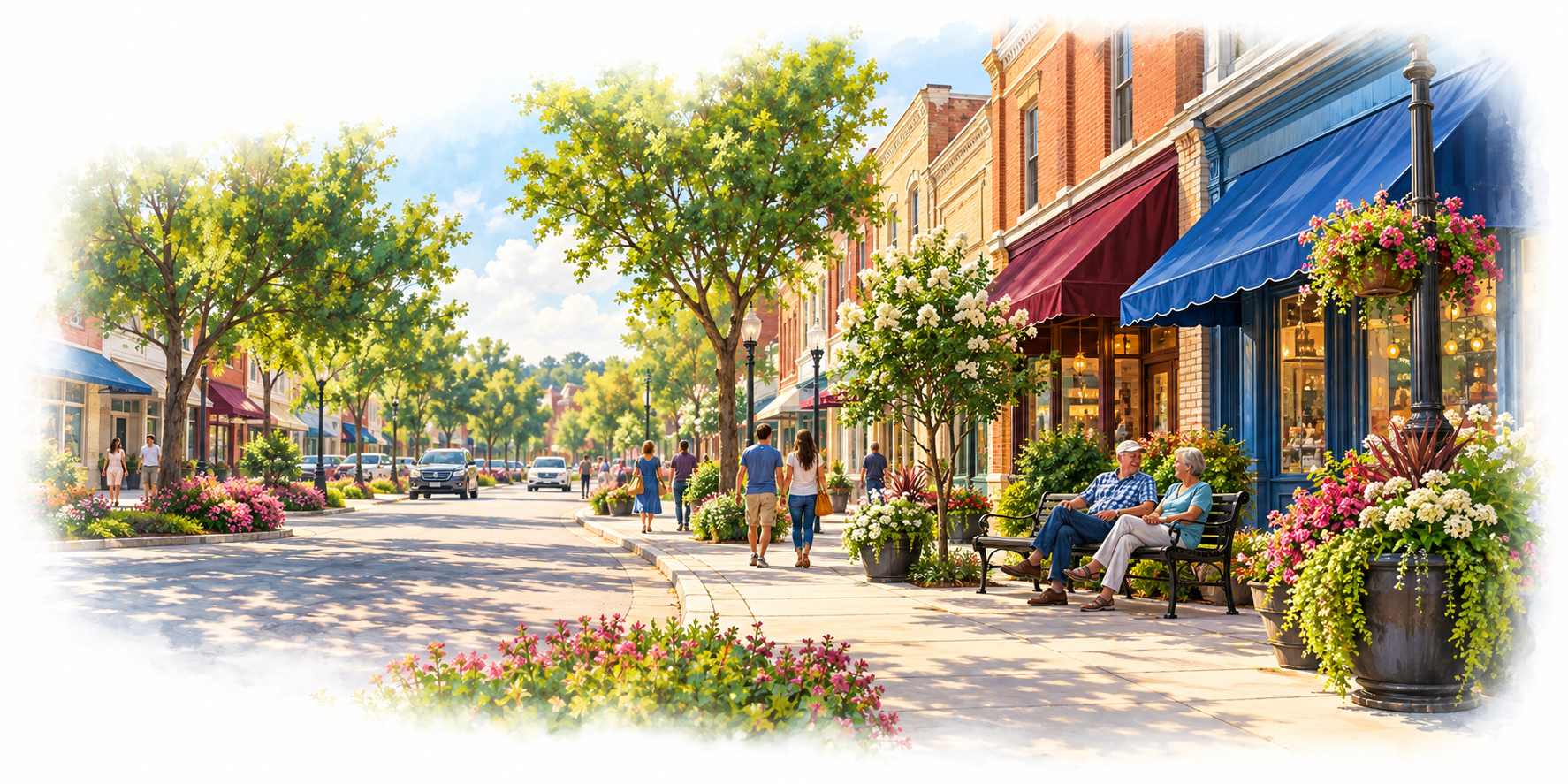Illustration of neighbors enjoying a welcoming small-town main street